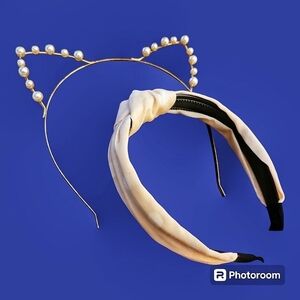 Pink Polka Dot Headband and Pearl Cat Ears Crown Headband